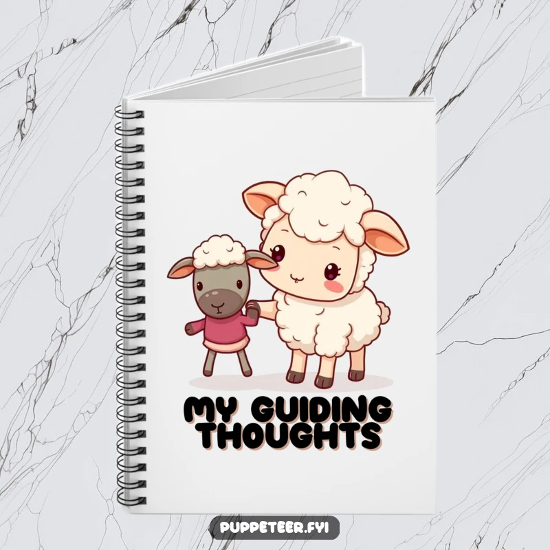 Funny notebook with a gentle kawaii sheep guiding a puppet, perfect for jotting down kind thoughts.