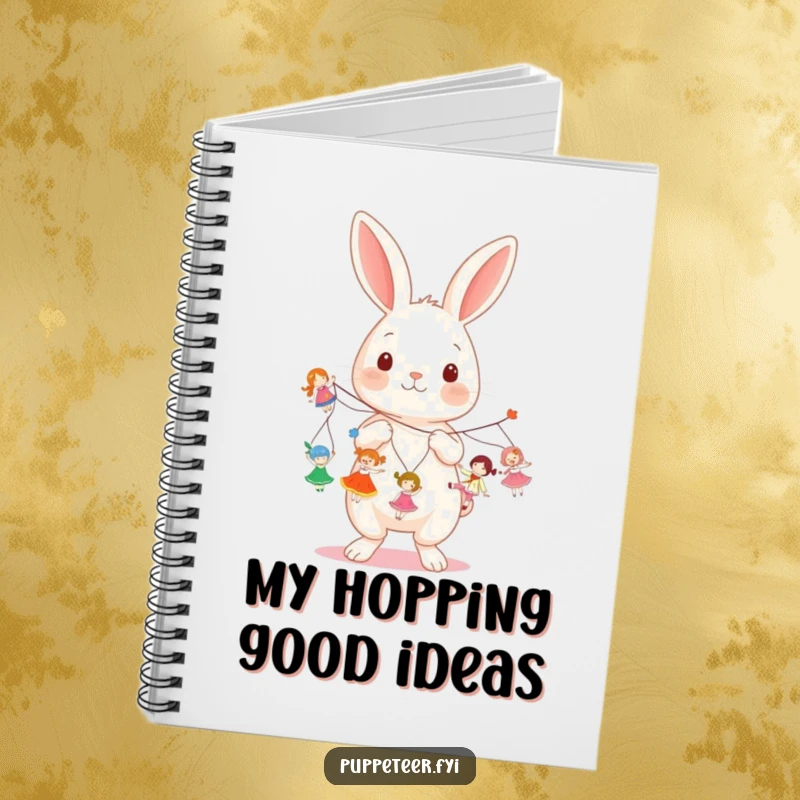 Funny kawaii rabbit holding multiple strings, making small dolls dance on a notebook, perfect for a funny gift.