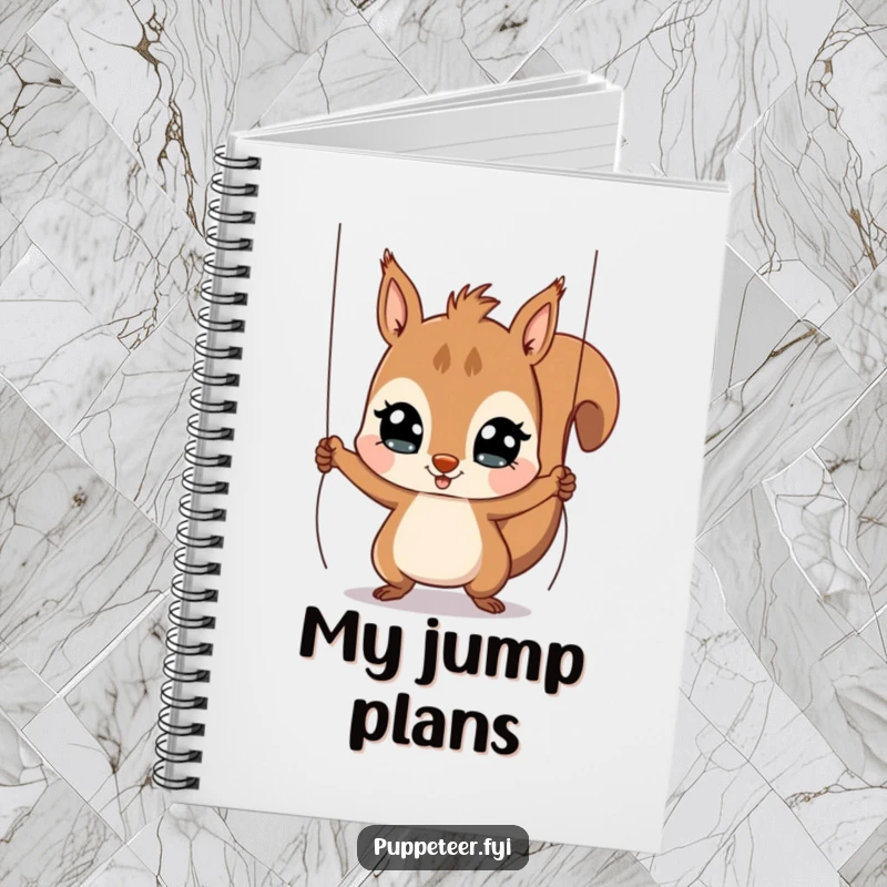 Funny Squirrel Puppet Master Notebook with a playful squirrel pulling strings to make a puppet jump, a humorous gift.