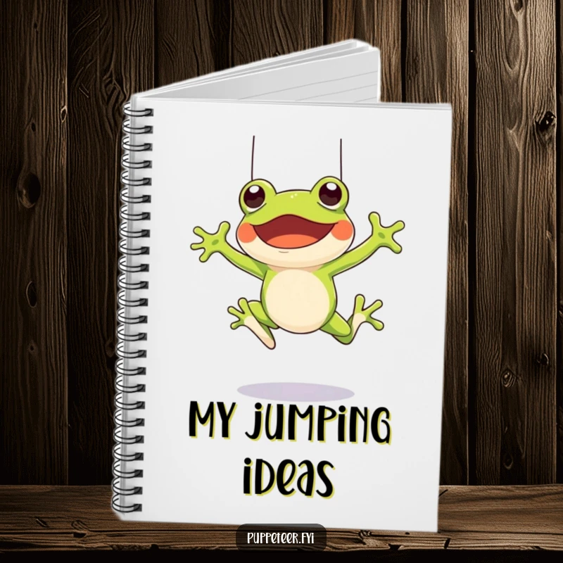 Funny notebook featuring a cheerful frog character leaping and controlling a frog puppet with strings, perfect for capturing energetic ideas.
