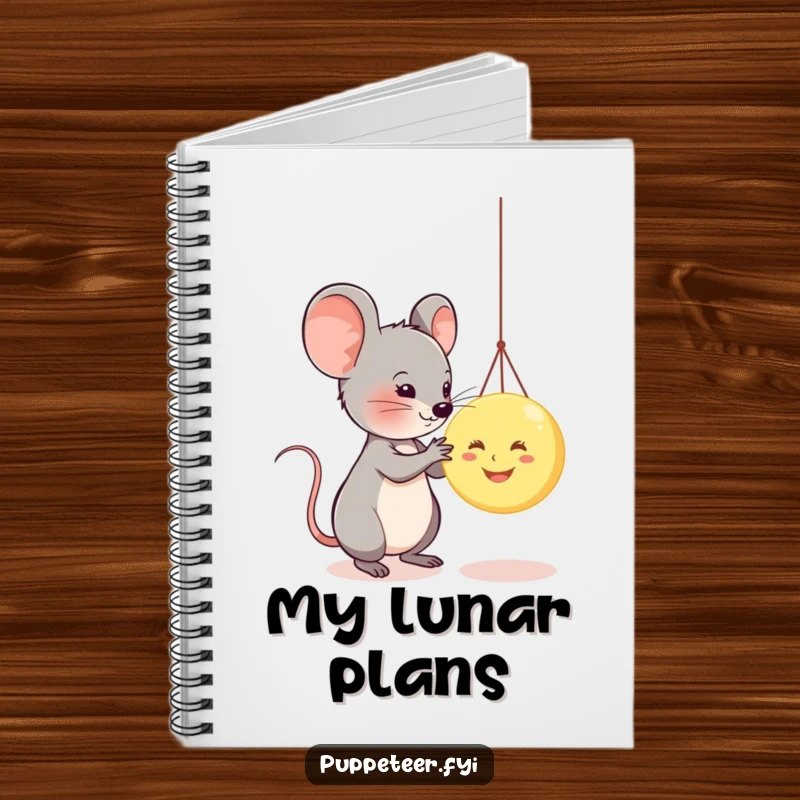 Funny notebook featuring a mouse controlling a smiling moon puppet, great for note-taking with a humorous and imaginative twist.