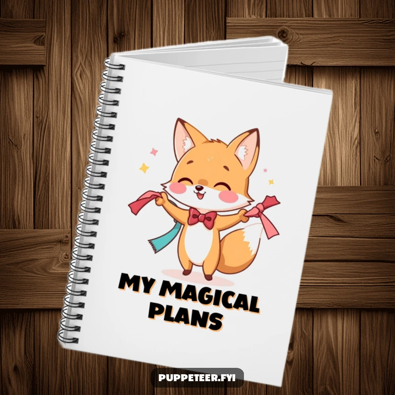 Funny notebook featuring a bowtie-wearing fox performing a magic trick with scarves, perfect for jotting down ideas with whimsy.