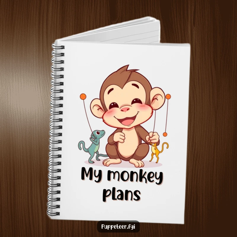 Funny Monkey Puppet Master Notebook with a delighted monkey concentrating on intricate puppet movements, a humorous gift.