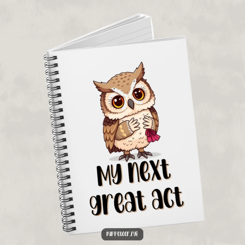 Funny owl wisely observes a tiny puppet taking a bow, inspiring creativity in this notebook.