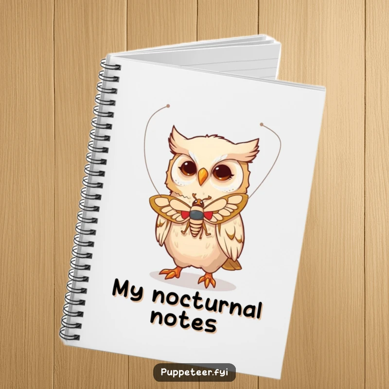 Funny notebook featuring a whimsical owl character moving a moth puppet with strings, inspiring whimsical ideas and creative writing.