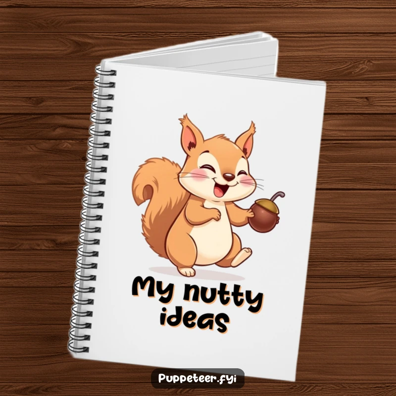 Funny squirrel notebook featuring a giggling squirrel making a nut puppet hop, perfect for writing, journaling, and creative storytelling.