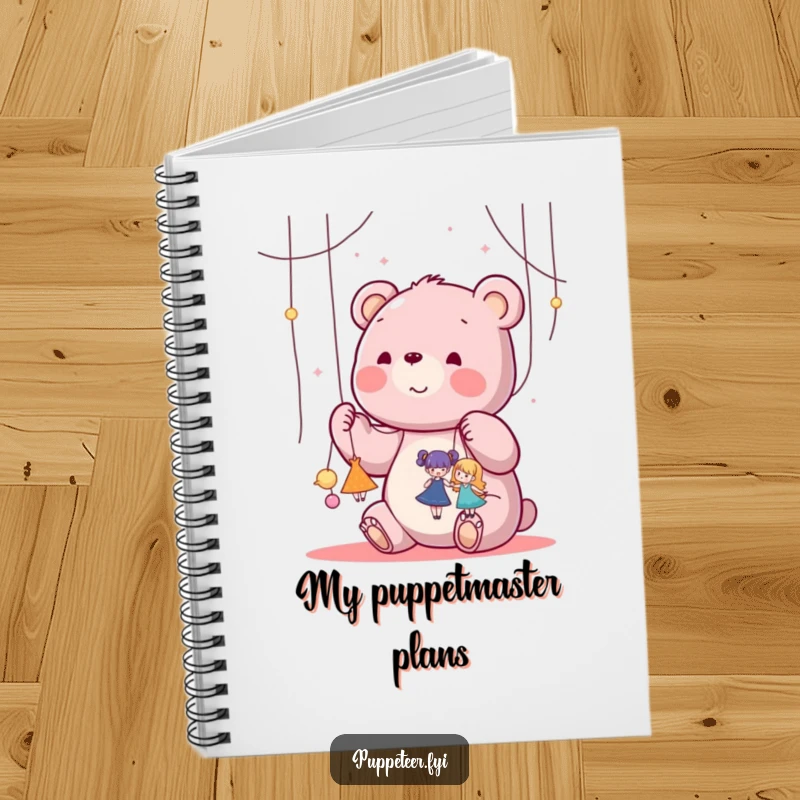 Funny kawaii bear happily manipulating strings attached to tiny dancing puppets on a notebook, perfect for a funny gift.