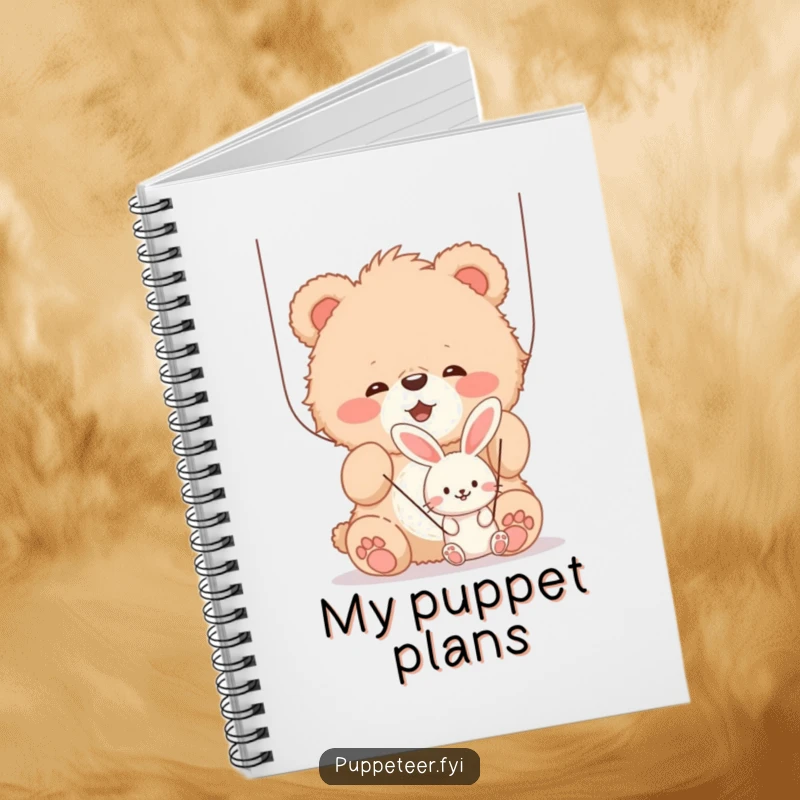 Funny fluffy bear cub joyfully manipulating strings of a smaller, smiling bunny puppet, lined notebook cover, ideal for creative writing.