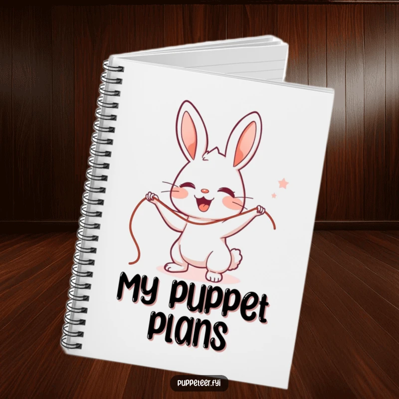 Funny Rabbit Puppet Master Notebook with a cute, delighted rabbit character skillfully controlling strings, perfect for a humorous gift.