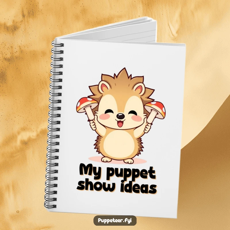 Funny notebook featuring a playful hedgehog controlling giggling mushroom puppets, ideal for notes and imaginative journaling.