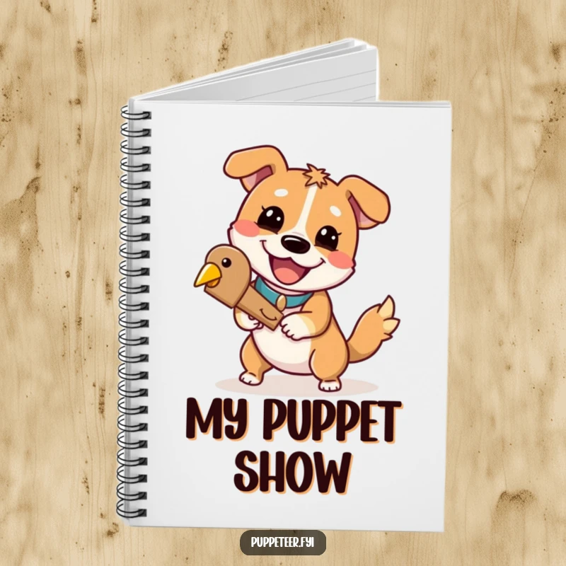 Funny dog notebook with a playful dog and a cheerful grin controlling a wooden bird, perfect for writing ideas.