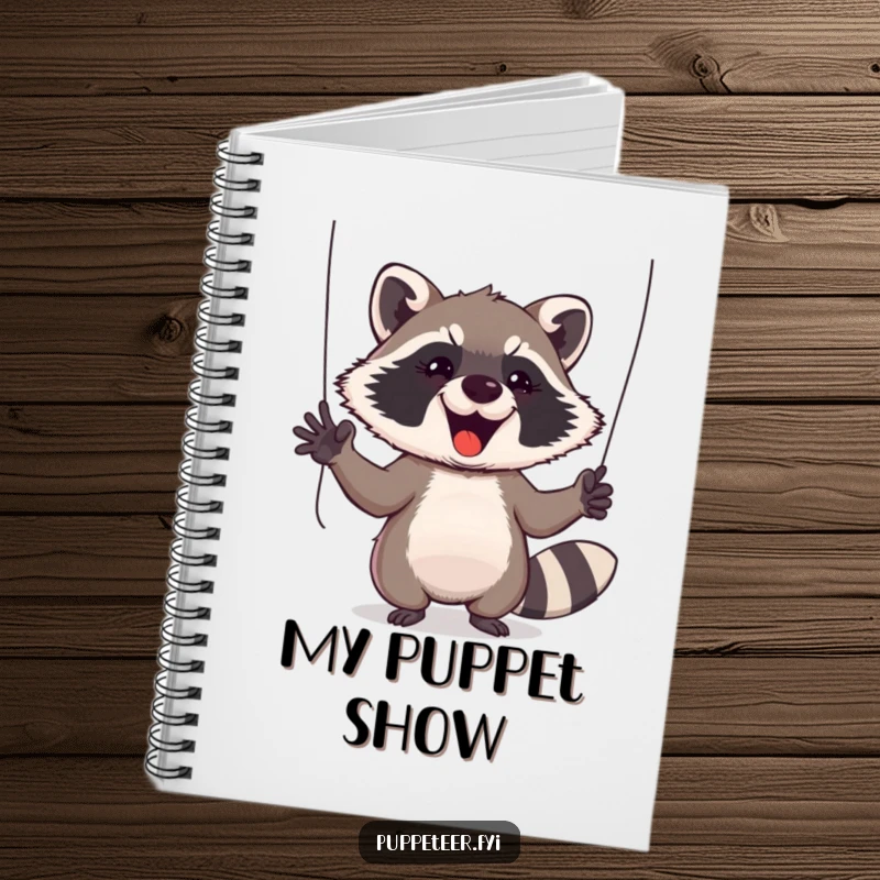 Funny Raccoon Notebook: Enthusiastic raccoon gestures with puppet-control strings, inspiring creative writing and planning sessions.