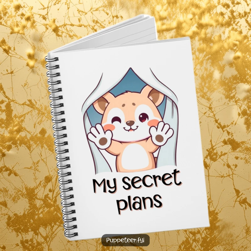 Funny Notebook: Mischievous animal character hiding behind a curtain, waving puppet hands, ideal for jotting down fun ideas.