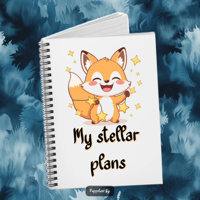 Funny happy fox notebook with a wide grin manipulating a string of glowing stars, ideal for jotting down creative thoughts.