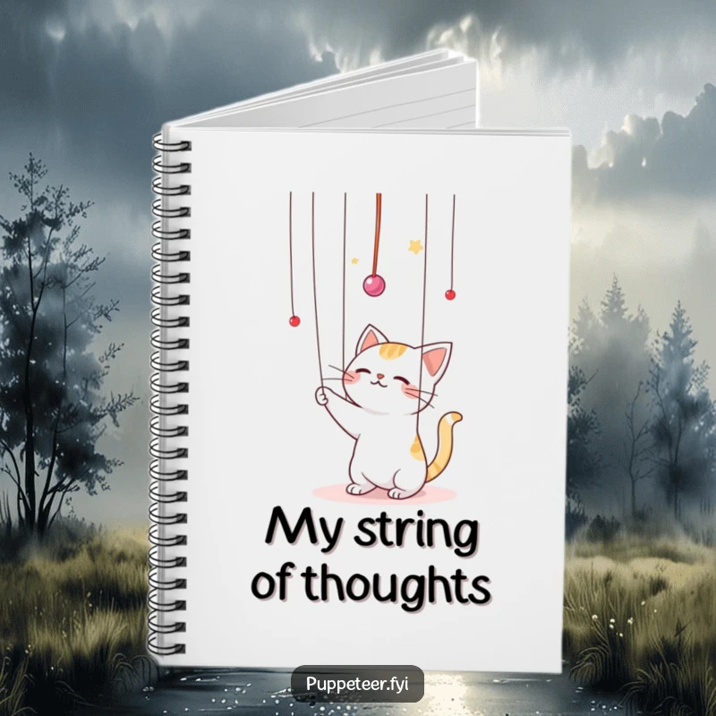 Funny Kawaii cat batting playfully at puppet strings in the air notebook, featuring a playful cat as the cover art, inspiring creative and funny thoughts.