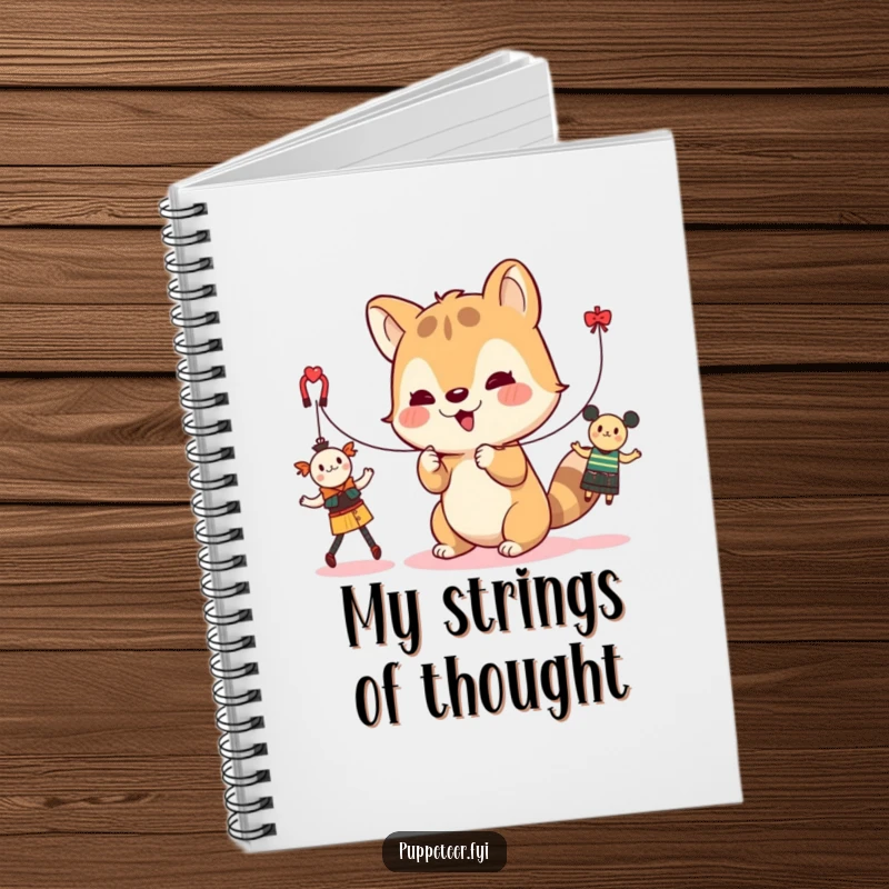 Funny notebook with a cute animal character controlling strings for dancing toys, perfect for jotting down playful ideas.