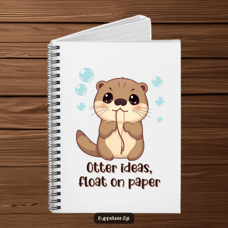 Funny notebook cover featuring a curious otter with wide eyes, holding strings attached to bubbles, ready for your curious notes.