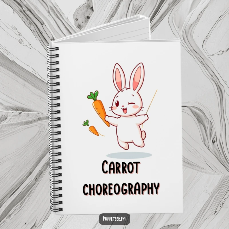 Funny notebook with a winking rabbit puppet master making a carrot puppet dance, designed for capturing creative thoughts with playful charm.