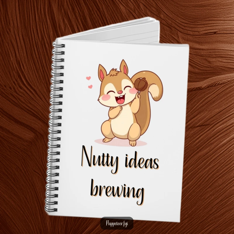 Funny notebook with a giggling squirrel making a nut puppet do a somersault, designed for capturing energetic thoughts with playful charm.