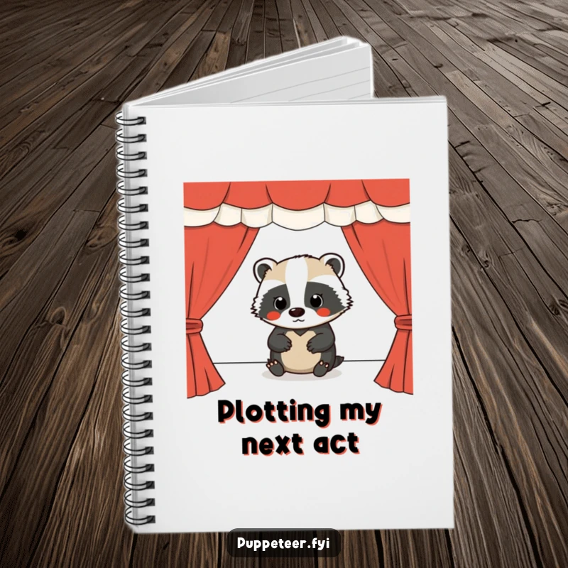 Funny notebook cover showcasing a determined badger operating a puppet show stage, ideal for creative writing.