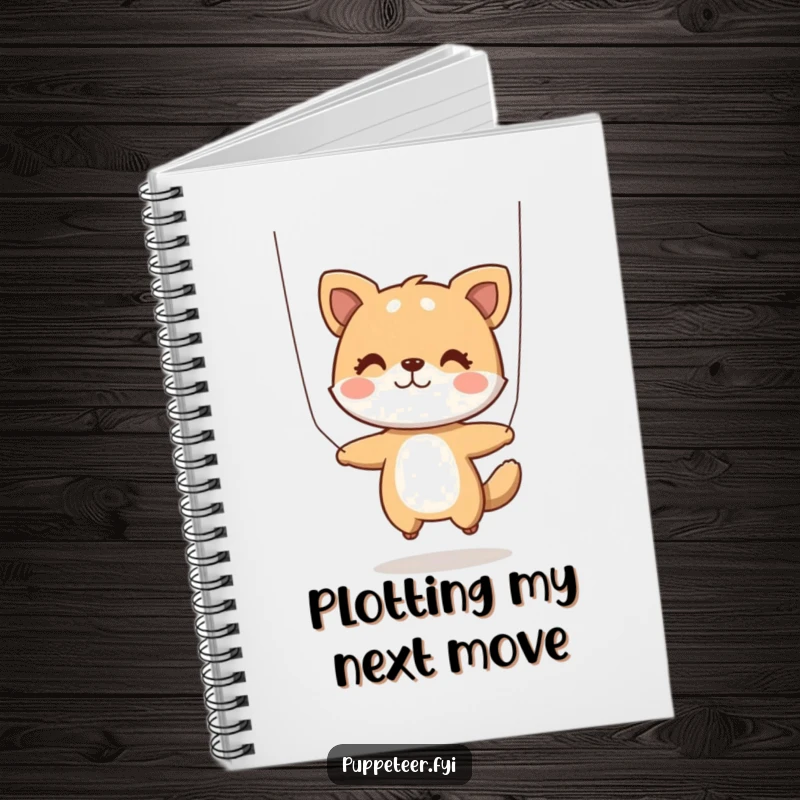 Funny Notebook: A notebook cover displaying a playful animal character skillfully using strings to make a puppet jump, sparking creative ideas.