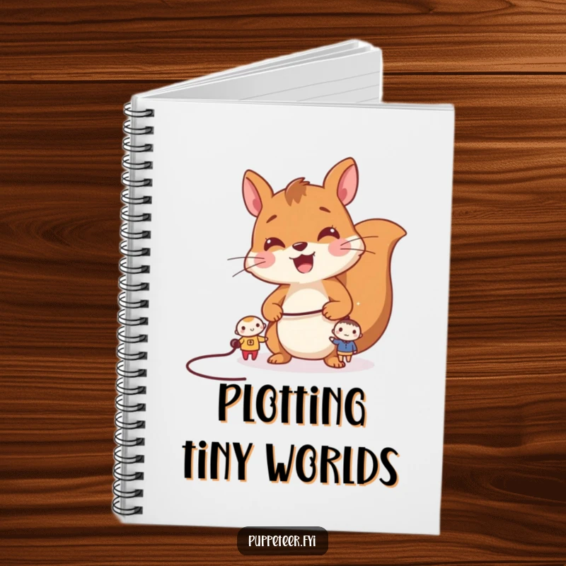 Funny squirrel notebook with a cheerful squirrel controlling two tiny characters with a string, designed for playful note-taking.