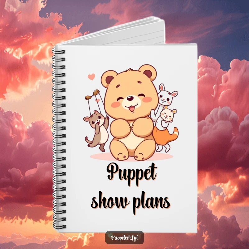 Funny bear cub notebook with a cheerful bear cub bowing with its happy, dancing animal puppets, perfect for journaling and notes.