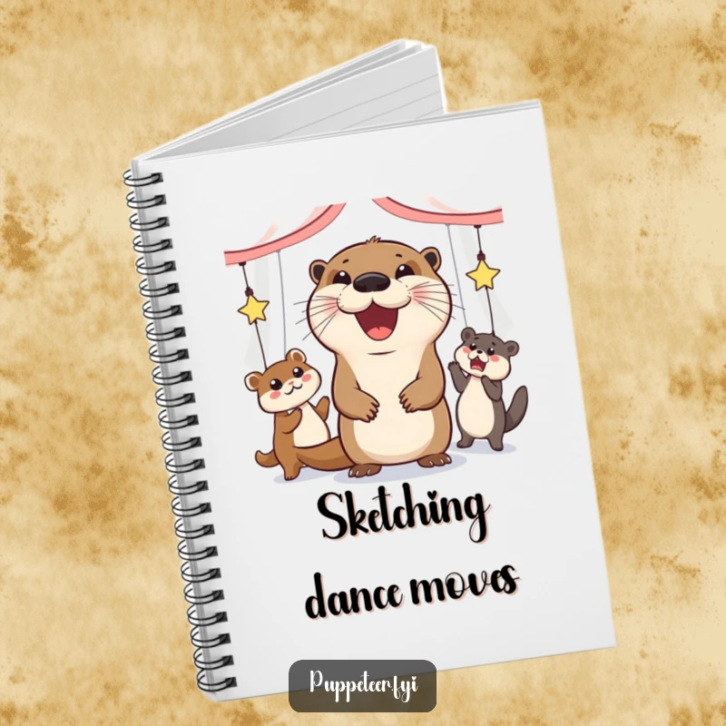 Funny notebook cover of a grinning otter making animal puppets dance, ideal for creative notes.