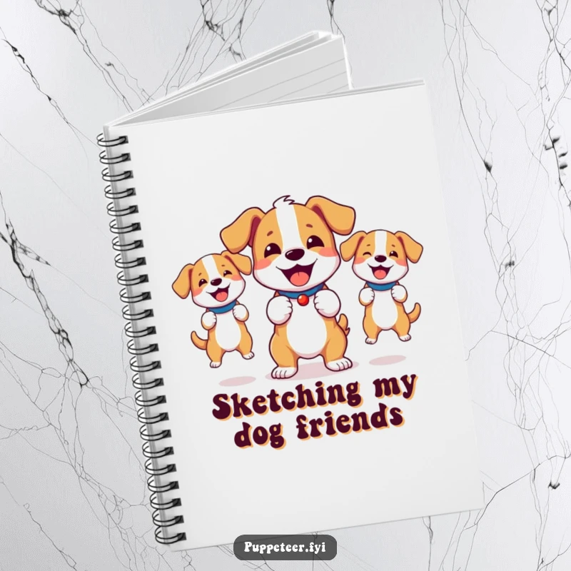Funny notebook cover of a bouncy dog joyfully controlling energetic dog puppets, ideal for creative notes.