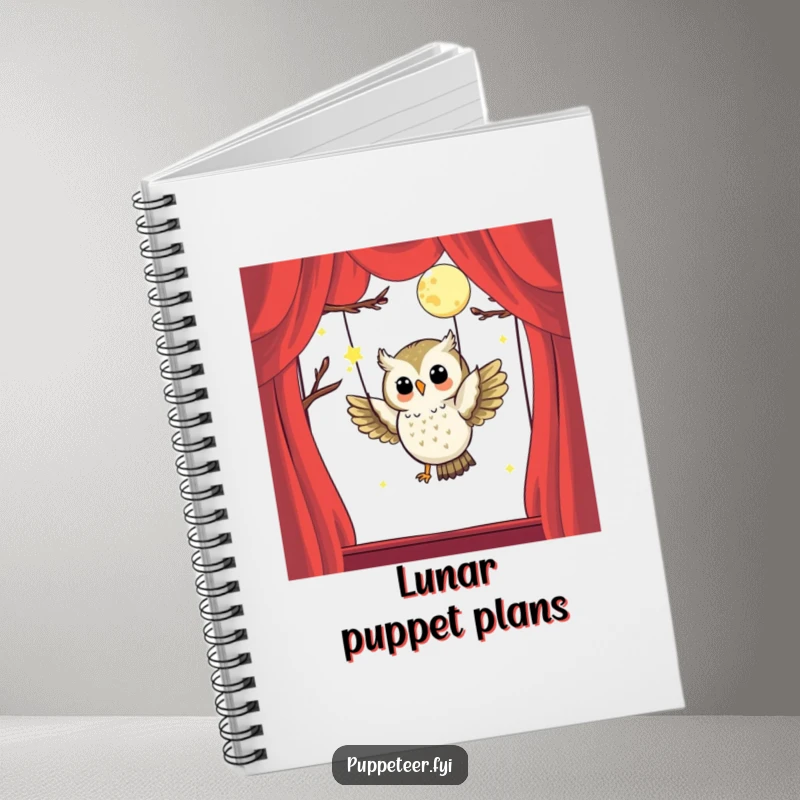 Funny notebook with a happy owl puppet master flying a moon puppet, designed for capturing creative thoughts and whimsical ideas.