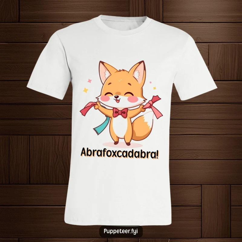Funny t-shirt showcasing a dapper fox in a bowtie performing a magic trick with flowing scarves, radiating playful enchantment.