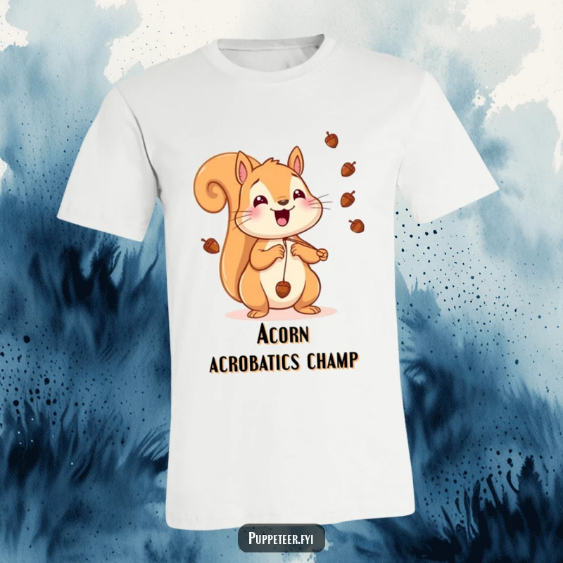 Funny Squirrel T-Shirt illustrating a cheerful squirrel launching tiny acorns into the air with strings, full of playful energy.