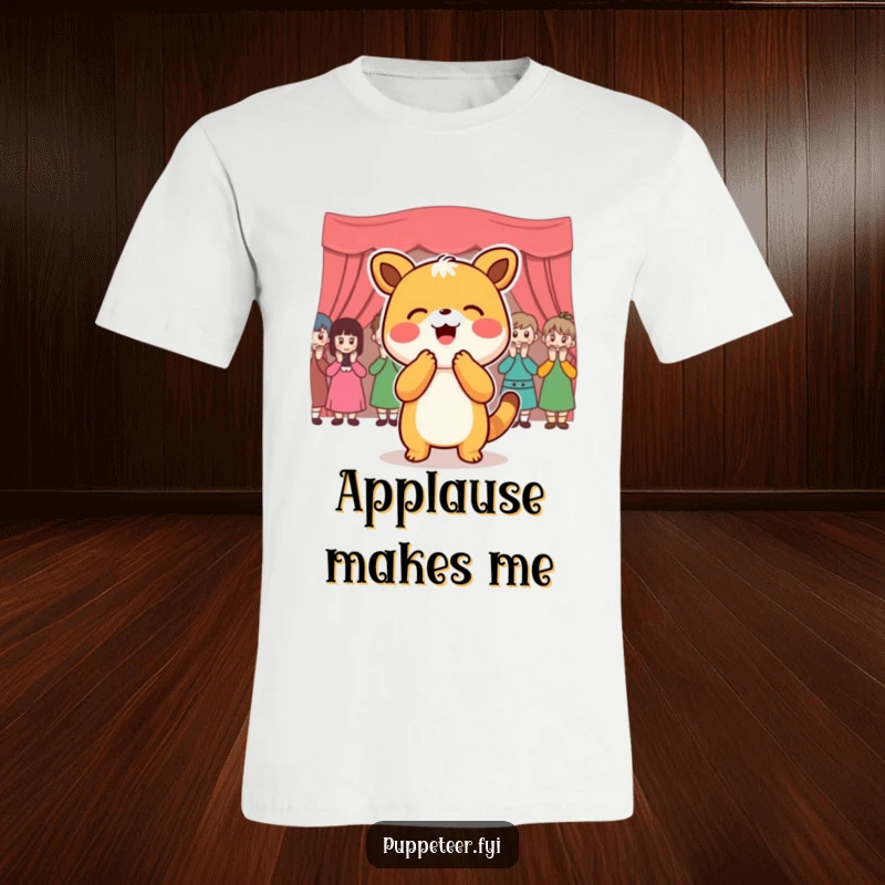 Funny T-Shirt: Joyful animal character bowing elegantly as a puppet audience applauds, a humorous depiction of success.