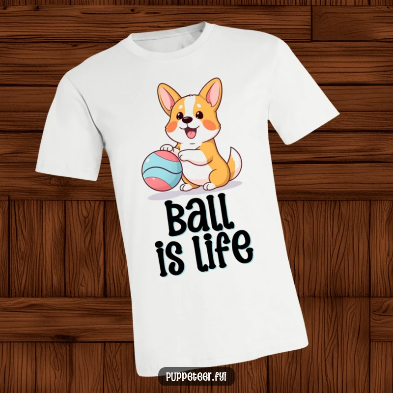 Funny corgi T-shirt showing an excited corgi enthusiastically wagging its tail while playing with a bouncing ball puppet.