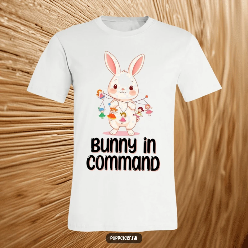 Funny kawaii rabbit holding multiple strings, making small dolls dance on a graphic t-shirt, perfect for a funny gift.