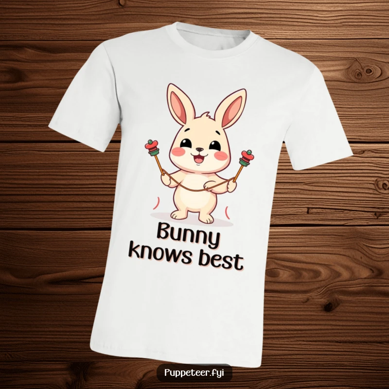 Funny t-shirt with a cheerful rabbit character guiding two string puppets with a delighted expression, full of life.