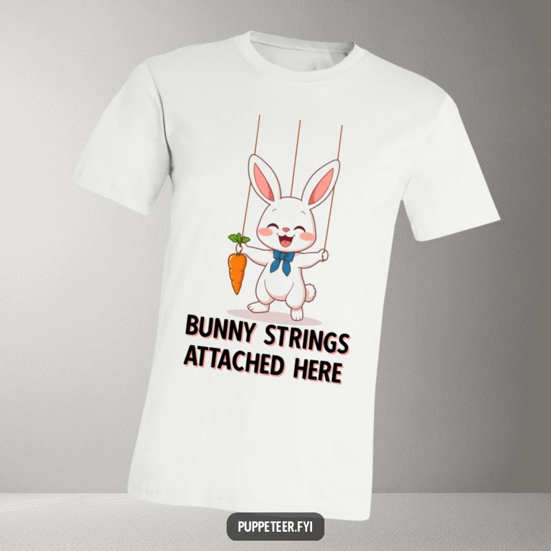 Funny bunny puppet master t-shirt featuring a cute rabbit puppet master joyfully making a carrot dance on a string.