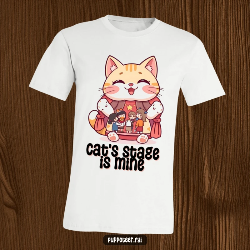 Funny t-shirt depicting a giggling cat character proudly displaying a puppet show stage with figures, charming and humorous.