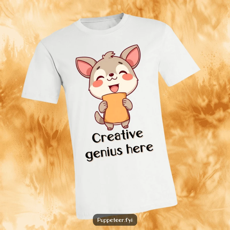 Funny T-Shirt: A delighted animal proudly holds a finished puppet, wearing a big grin of accomplishment and creative satisfaction.