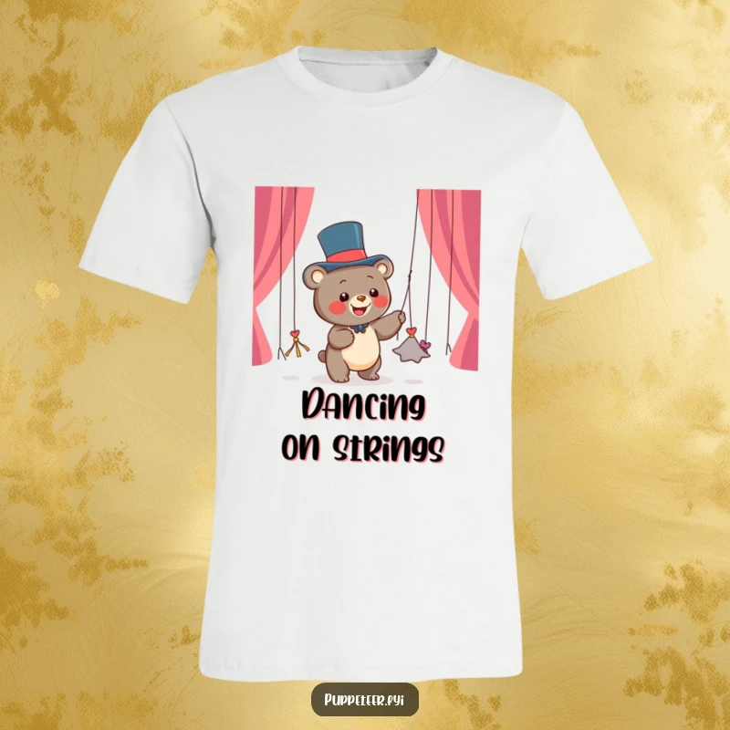 Funny t-shirt depicting a happy bear cub in a top hat skillfully pulling dancing string puppets from its paws, radiating fun.