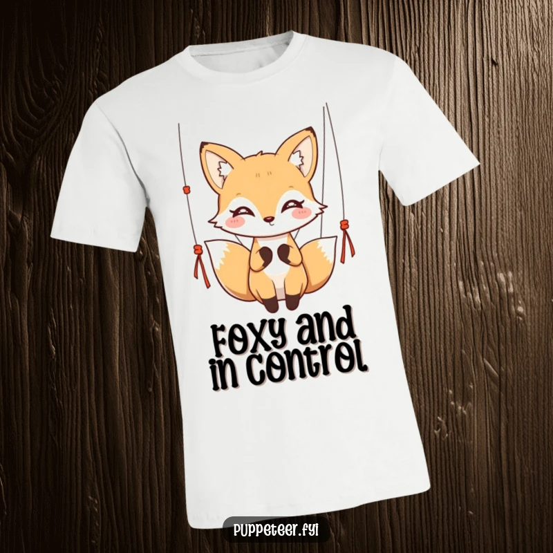 Funny kawaii fox with twinkling eyes gracefully holding puppet strings on a graphic tee, perfect for a funny gift.