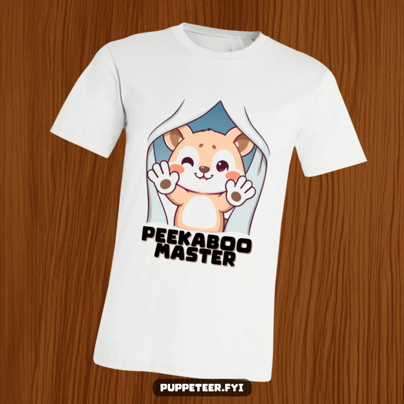 Funny T-Shirt: Mischievous animal character peeking from behind a curtain, waving puppet hands, a humorous and surprising design.