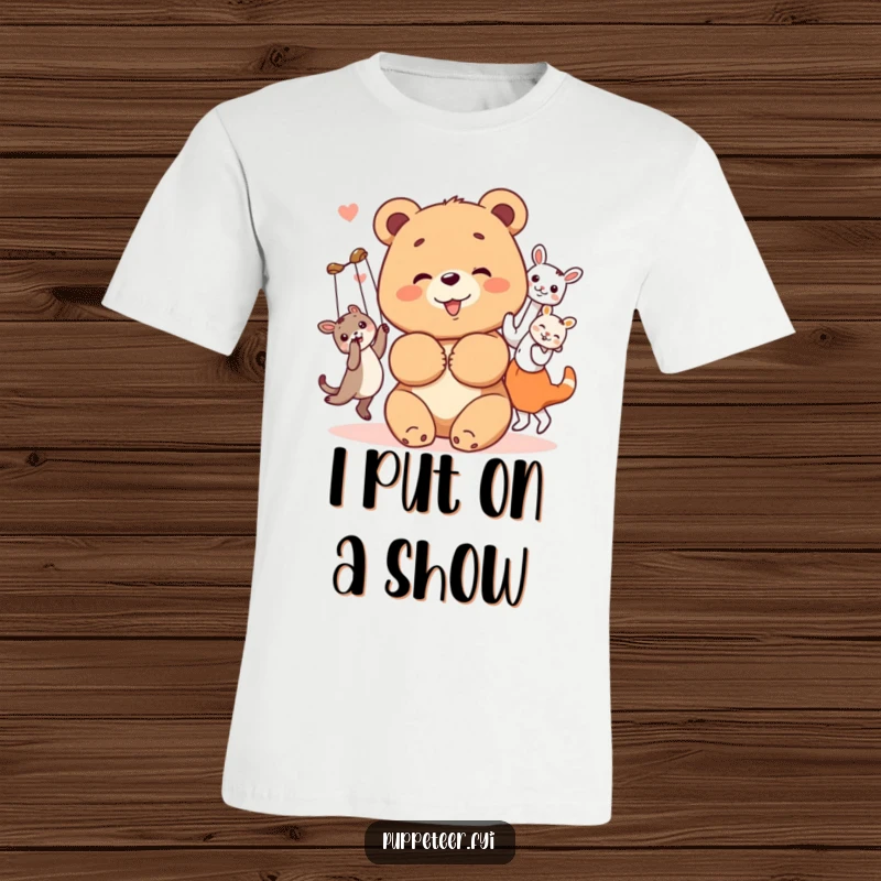 Funny bear cub t-shirt with a cheerful bear cub bowing with its happy, dancing animal puppets, a joyful and humorous tee.
