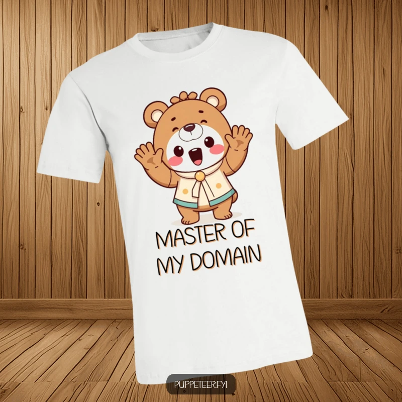 Funny bear puppet master t-shirt featuring a cheerful bear waving hands, making a tiny puppet dance with playful control.