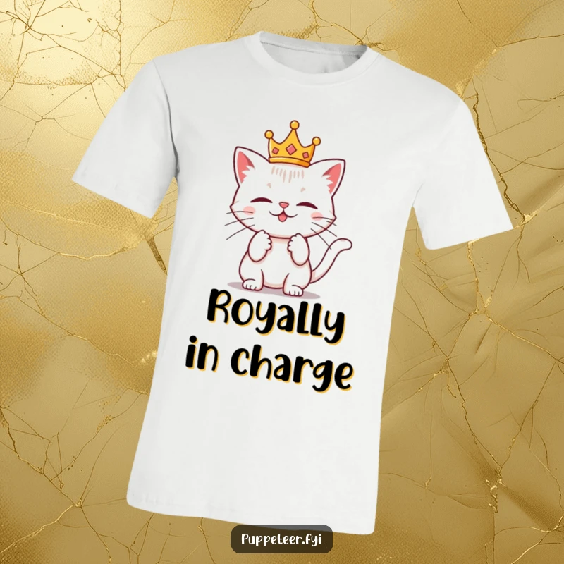 Funny t-shirt with a mischievous cat wearing a small crown, tugging on unseen strings, embodying playful control and regal sass.