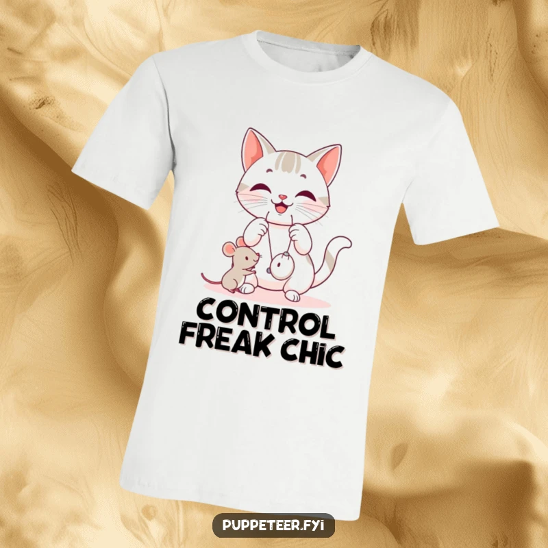 Funny cat t-shirt depicting a happy cat manipulating strings, causing a small mouse toy to jump with mischievous glee.