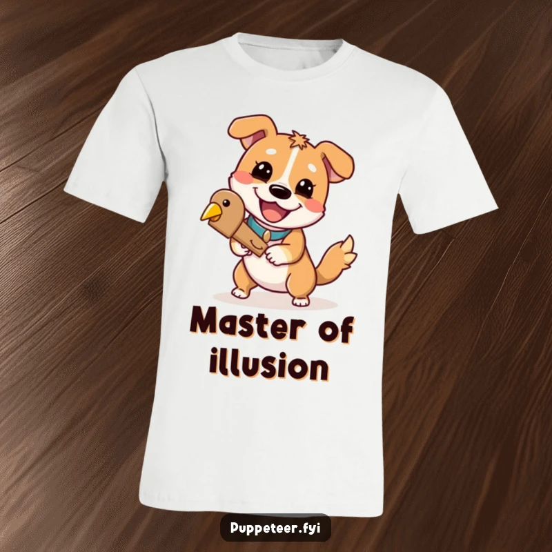 Funny dog t-shirt showing a playful dog with a big grin controlling a wooden bird like a hilarious puppet master.