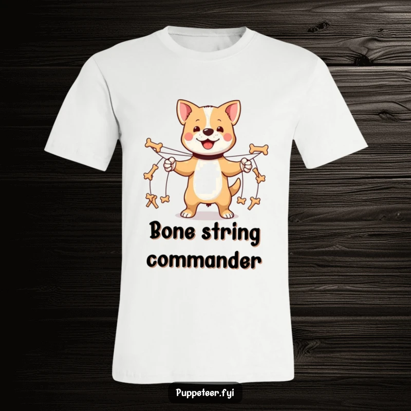 Funny proud dog t-shirt featuring multiple strings controlling tiny bone-shaped puppets in a marching formation.