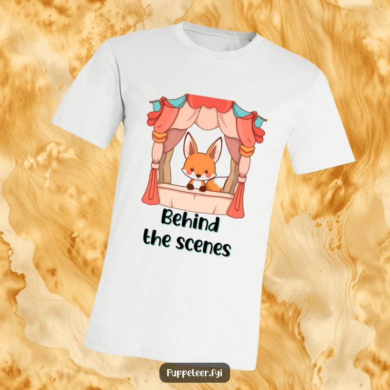 Funny playful fox peeking from behind a large, whimsical puppet stage, graphic tee shirt, depicting backstage intrigue.