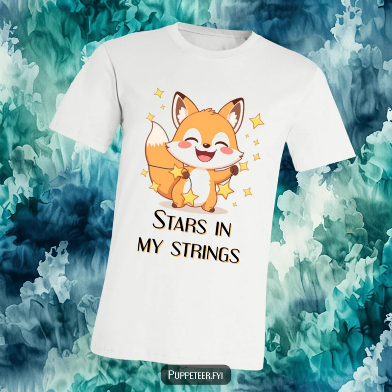 Funny happy fox t-shirt with a wide grin manipulating a string of sparkling stars, perfect for dreamers.